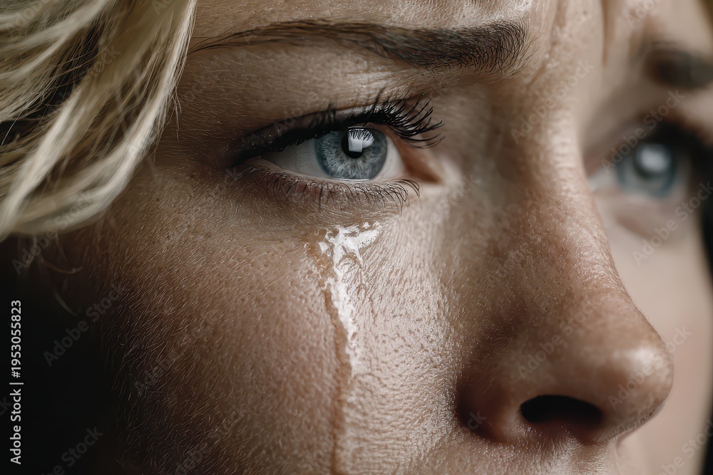 Fototapeta premium A close-up portrait of a woman's face with a tear streaming down her cheek, highlighting her blue eyes and the emotion of sadness and pain being displayed.
