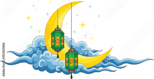 Ramadan Kareem illustration with golden crescent moon and hanging lanterns