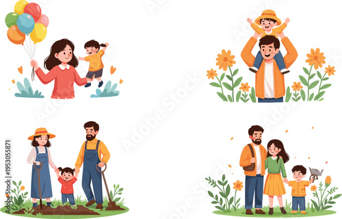 Set of happy families spending time together outdoors in nature