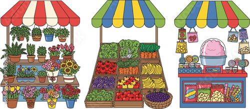 Set of various street market stalls with flowers fruits and sweets