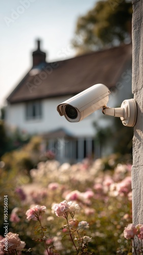An outdoor surveillance camera is mounted on the wall next to a blooming garden. The lens is directed towards the plot and the apartment building in the background.