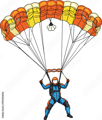 Skydiver or parachutist flying with an orange parachute isolated on white