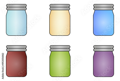 Conjunto de frascos en color para frutos secos, bebidas y otros. Icono para tienda, dietética y negocios. Ilustración vectorial para sitio web, app, folleto y otros. 