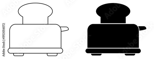 Tostadora con pan en blanco y negro. Icono de cocina. Ilustración vectorial para sitio web, tienda, restaurante, app, folleto y otros. 