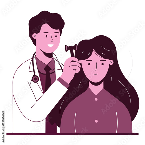 Doctor examining womans ear with otoscope in clinic setting
