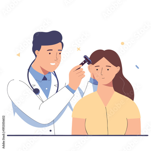 Doctor using otoscope to examine womans ear in clinic