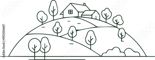 A simple illustration of a house and tree & hill