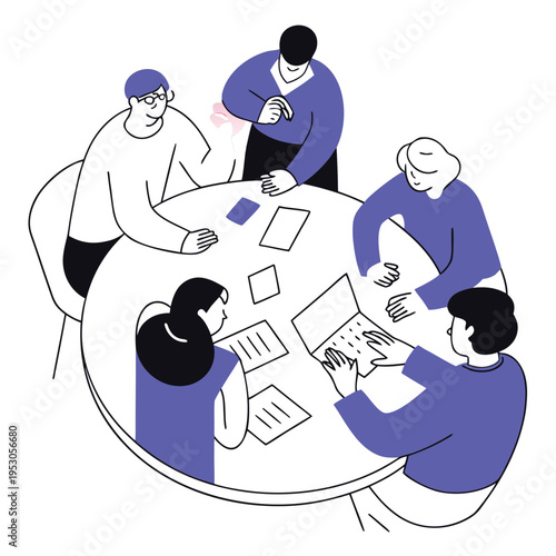 Five people sitting around a round table with papers