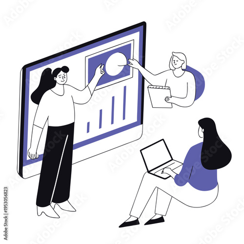 Three businesswomen discussing data on a large computer screen together