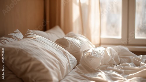 Morning sunlight shining on an unmade bed