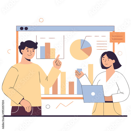 Two people presenting data on a large computer screen graph