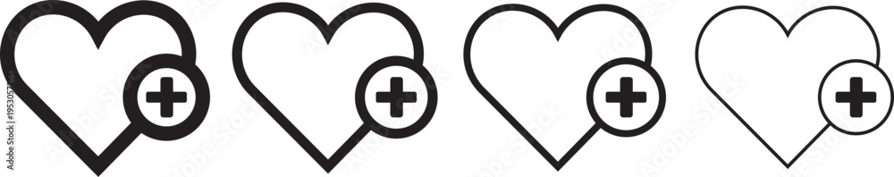 Obraz premium Health care icons vector glyph and thin line. Black icons. Cross plus heart medical icon set
