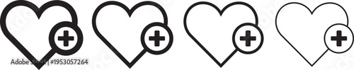 Health care icons vector glyph and thin line. Black icons. Cross plus heart medical icon set