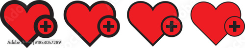 Health care icons vector glyph and thin line. Black icons. Cross plus heart medical icon set
