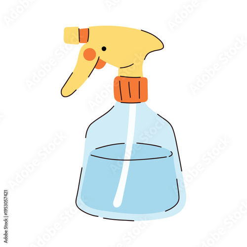 Spray bottle for plant watering and cleaning. Garden sprayer illustration isolated on light background. Household and gardening tool for watering plants, plant care and home cleaning tasks. 