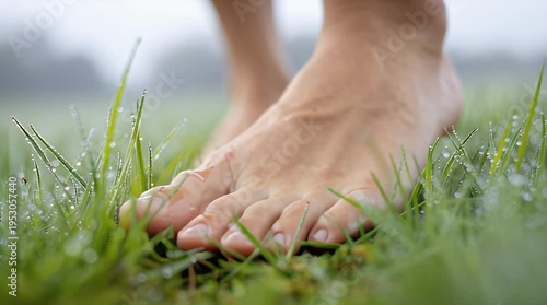 Person walking barefoot on dewy morning grass