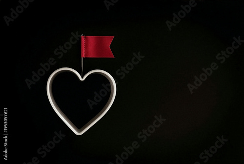 Minimal heart-shaped frame with a small red flag pin on a black background, providing negative space for copy and evoking themes of love, romance, warning, focus, celebration, and simplicity.