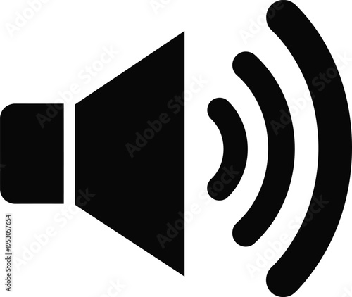 Black speaker volume icon with sound waves, audio output and multimedia control symbol, flat vector illustration isolated on white background