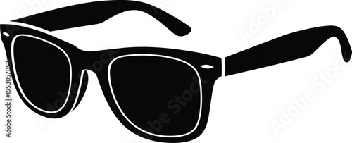 Black sunglasses vector illustration, stylish eyewear icon, classic sun protection accessory silhouette isolated on white background, summer vacation fashion graphic, trendy optical spectacles.