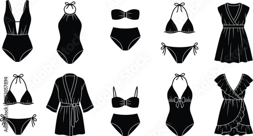 Black swimwear silhouettes icon collection, summer bikini and beachwear fashion shapes, female swimsuit vector illustration isolated, flat design style