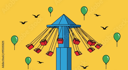 Vibrant Illustration of a Colorful Swing Ride with Blue Tower, Red Seats, Balloons, and Birds Against a Playful Carnival Background