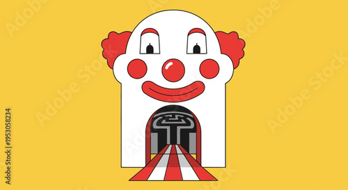 Whimsical Cartoon Clown Head with Train Tunnel Mouth on Vibrant Yellow Background