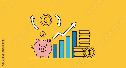 Financial Growth Illustration with Piggy Bank, Coins, Bar Graph, Savings, and Upward Movement