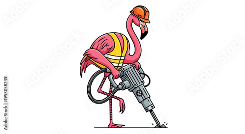 Humorous Cartoon Flamingo Operating Jackhammer in Construction Setting Left-Side View