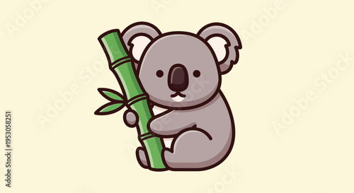 Cute Cartoon Koala Hugs Bamboo Stalk in Minimalist Yellow Landscape Illustration