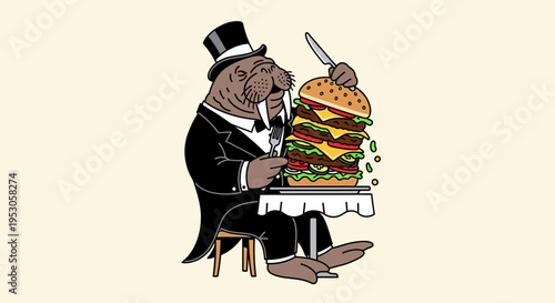 Cartoon Polar Bear in Formal Attire Eating Burger at Refined Table in Whimsical Illustration
