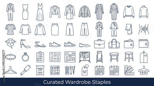 Collection of fashion and wardrobe icons for a curated clothing selection