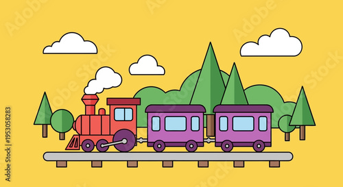Vibrant cartoon train scene with orange engine, purple cars, white smoke, gray tracks, green trees, and playful children's book illustration