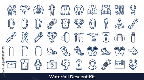 Line art icons of waterfall descent kit equipment for outdoor adventures