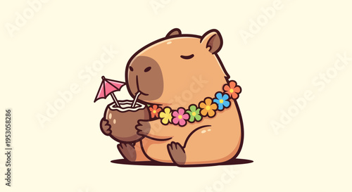 Cute Capybara Illustration Wearing Vibrant Lei and Holding Coconut Drink on Tropical Beach Day - Playful, Relaxed, Summer Scene