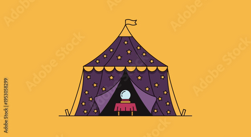 Whimsical Cartoon Tent with Purple and Yellow Dots, Person Standing in Front in Playful Adventure Scene