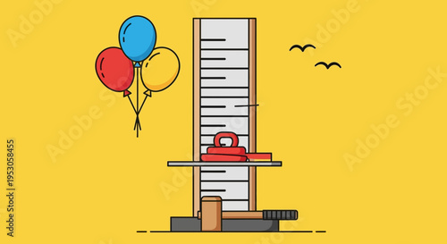 Festive Balloons, Sheet Music, and Nostalgic Phone on Bright Yellow Background