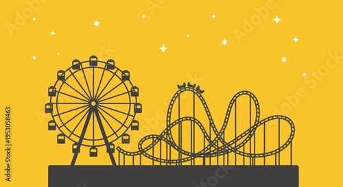 Vibrant Night Amusement Park with Stylized Feris Wheel Roller Coaster in Bold Yellow Stars and Black Silhouettes Capturing Excitement