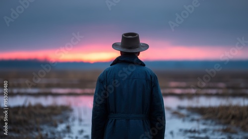 A person wearing a hat and coat stands alone facing a marshy landscape under a colorful dusk sky.