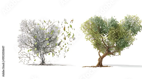Hand drawn tree sketch transforming into colorful foliage