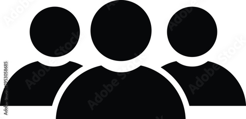 Black team of three people icon, group users silhouette for community and social media, vector illustration isolated on white background