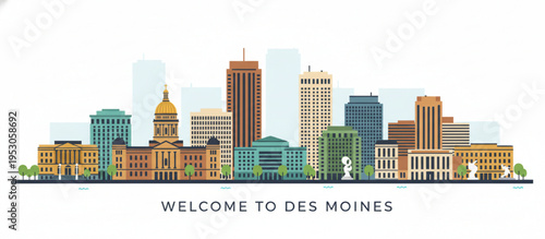 Welcome to Des Moines Skyline Illustration with Iconic Buildings