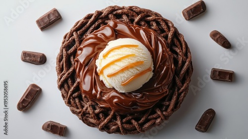 Top view chocolate fondant cake with vanilla ice cream and caramel on white background