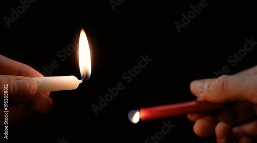 Hands passing a flame between two candles