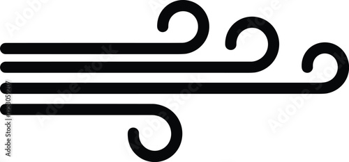 Black wind icon with blow lines and swirl curves, weather forecast symbol, flat vector illustration isolated on white background
