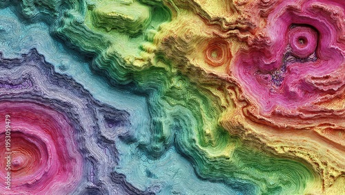 Colorful strata in layered rings like a geological relief map, textured, vibrant