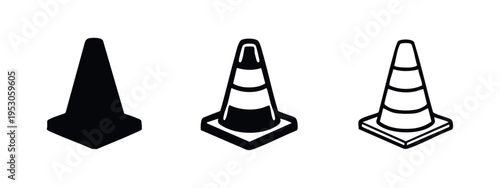 Isometric traffic cone icon set. Road safety, construction, or warning symbol in solid, striped, and line art styles. Vector illustration.