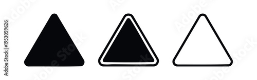 Warning triangle sign icon set. Yield, caution, or hazard symbol in solid, outlined, and line art styles. Vector illustration.