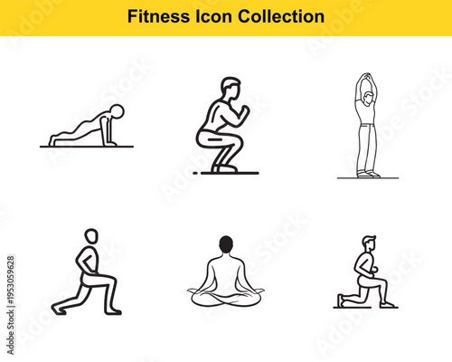 Fitness Icon Collection: Set of 6 black outline vector illustrations depicting various exercise poses like push-ups, squats, lunges, stretching, and meditation