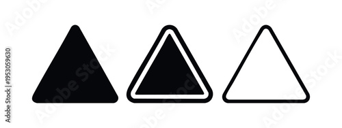 Rounded warning triangle sign icon set. Yield, caution, or hazard symbol in solid, outlined, and line art styles. Vector illustration.