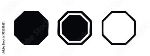 Rounded octagon sign icon set. Stop, alert, or warning symbol in solid, outlined, and line art styles. Vector illustration.